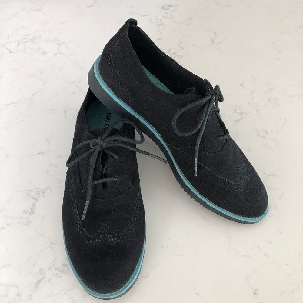Nautica Casual Lace Up Faux Suede Oxford Style Shoes Black w Blue Trim Sz 10